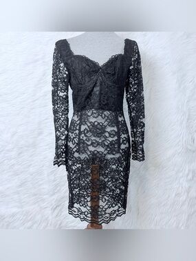 Vintage Moda International Black Sheer Lace Long Sleeve Dress Lingerie Corset